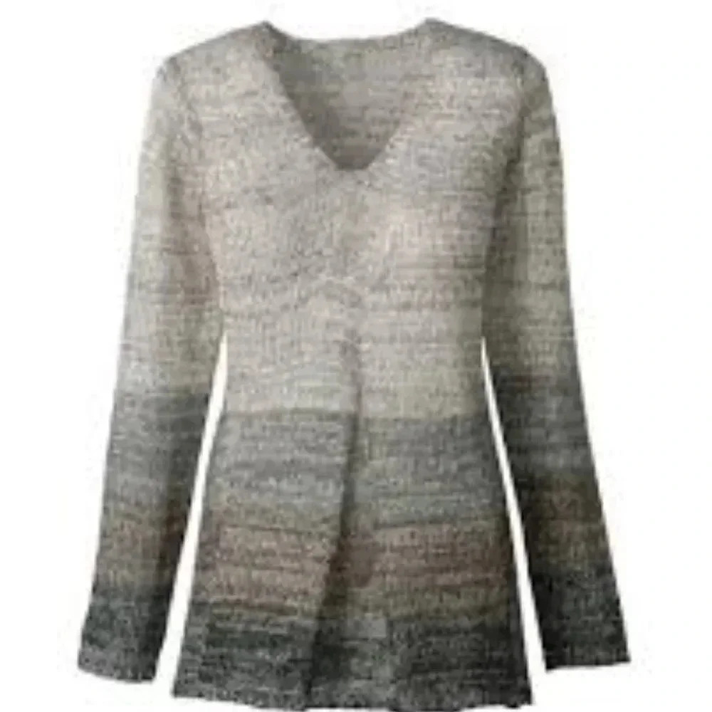 Coldwater Creek Womens Ombre V-Neck Knit Sweater Gray Beige Medium 10-12